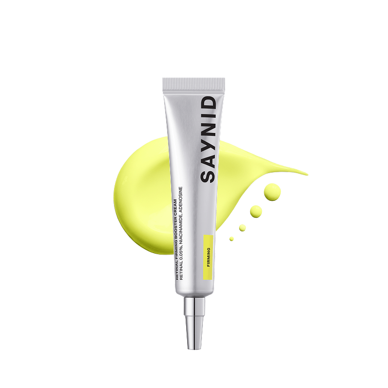 Retinal firming booster cream tube with encapsulated delivery in yellow background for effective daily skin care.
