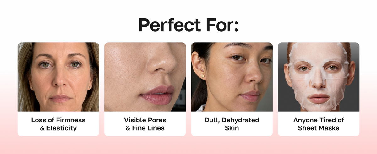 Perfect for loss of firmness and elasticity, visible pores and fine lines, dull dehydrated skin, anyone tired of sheet masks